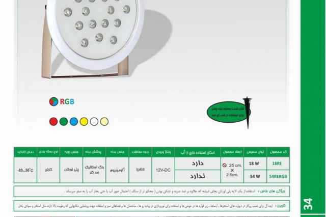 چراغ پايه دار ضد آب تك رنگ 18وات 12ولت Emax مدل 18REP